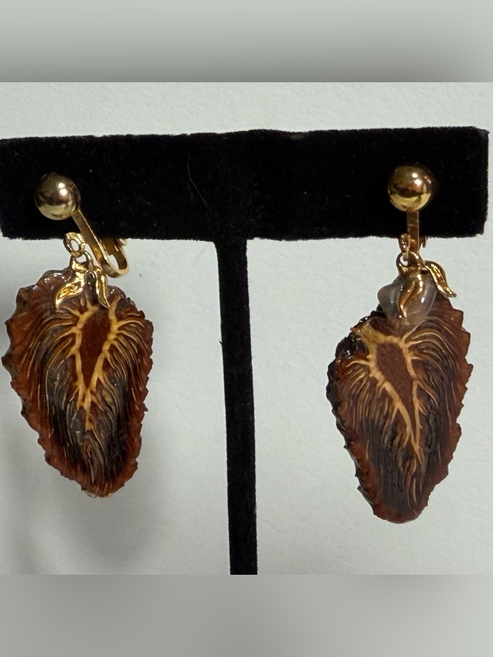 Jack Pine Preserved Natural Slab Dangle Earrings Gold Tone Clip On Forest Fairy